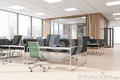 Business room interior with office furniture and private manager room, city view Stock Photo