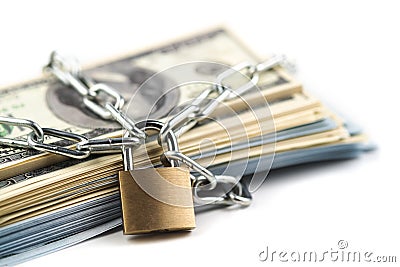 Business safety or financial protection or restriction access. Heap of money in chain with padlock isolated on white Stock Photo