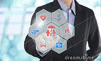 Business salesman agent hand pressing button accident prevention Stock Photo