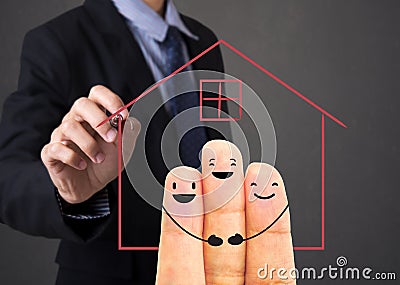 Business salesman agent hand writing home with finger family Stock Photo