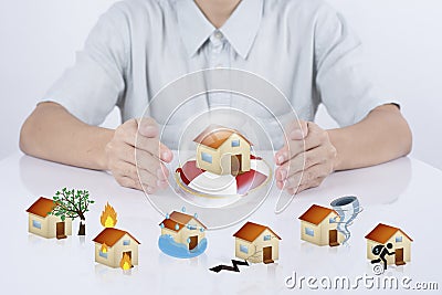 business salesman agent protection house insurance. concept accident prevention healthcare and natural disaster. Stock Photo