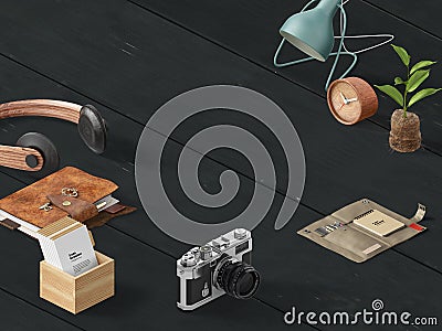 Business scene with vintage style office items and large blank text area, 3d Illustration Stock Photo