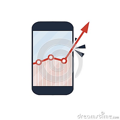 Business schedule with red arrow on mobile phone screen. chart in smartphone. Application for online trading Vector Illustration