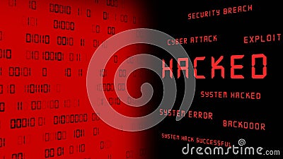Business security concept - HACKED and other keywords - red warning lettering opposite a red wall with blurred binary code Cartoon Illustration