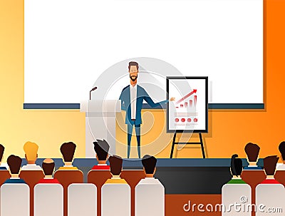 Business seminar speaker doing presentation and professional training about marketing, sales and e-commerce. Flat vector Vector Illustration