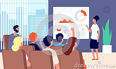 Business seminar. Woman speaker conference presentation success. Businesswoman reading lecture. Coach marketing strategy Vector Illustration