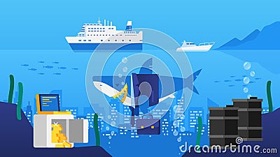 Business Shark in Ocean. City in Ocean. Safe with Gold Barrels o Vector Illustration