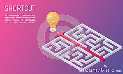 business shortcut maze to goal. red arrow route break out of labyrinth. problem solving and solution concept. copy space for text Vector Illustration