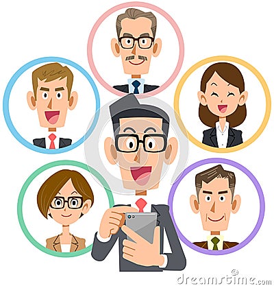 Business smartphone social network smile glasses Vector Illustration