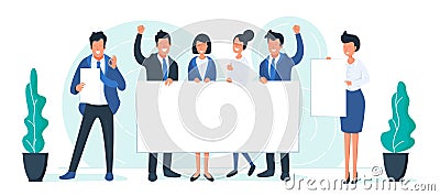 Business smiling people with white sheets. Happy Office characters with banners. Success and team working concept Vector Illustration