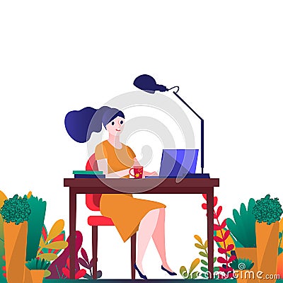 Business smiling young woman sitting on a chair at the table, on it books and potted plants, flowers, isolated on white background Vector Illustration