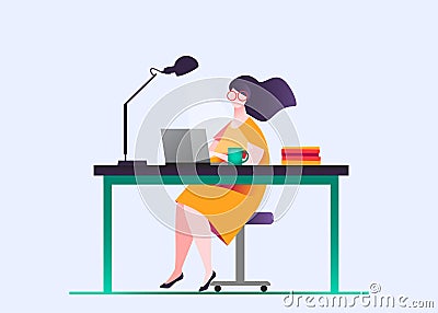 Business smiling young woman sitting on a chair at the table, on it lapm, books and mug, isolated on white background. Works at Vector Illustration