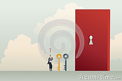 Business solution with businessman chooses the key to open keyhole on red door Vector Illustration