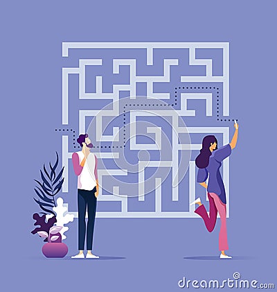 Business solution concept with business woman finding way through maze Vector Illustration