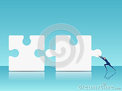 Business solution concept. Businessman pushing combine puzzle pieces. Vector Illustration