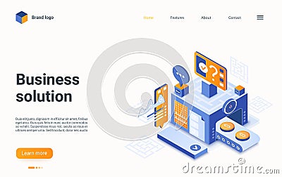 Business solution concept isometric landing page, creative conveyor machine working Vector Illustration