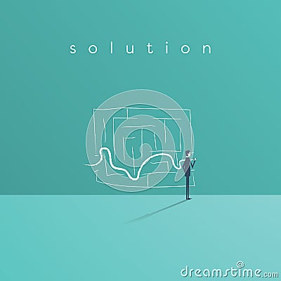 Business solution and success concept vector symbol with businessman drawing line through maze or labyrinth. Vector Illustration