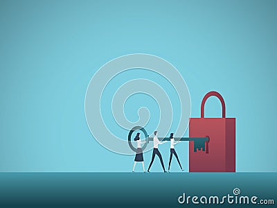 Business solution teamwork vector concept. Business team colleagues unlock padlock with key. Symbol of cooperation Vector Illustration