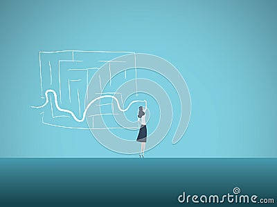 Business solution vector concept with business woman finding way through maze. Symbol of genius, intelligent woman Vector Illustration