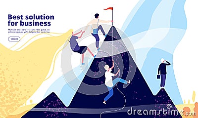 Business solutions landing. Business team climb on mountain. Successful company online consulting service. Web page Vector Illustration