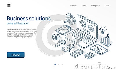 Business solutions modern isometric line illustration. Plan, goal, mission, data analysis sketch drawn icon. Innovation Vector Illustration