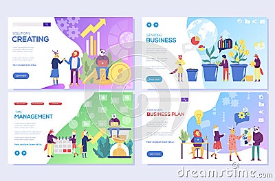 Business solutions, planning and strategy, startup, time management vector illustration. Set of web page design templates. Mobile Cartoon Illustration