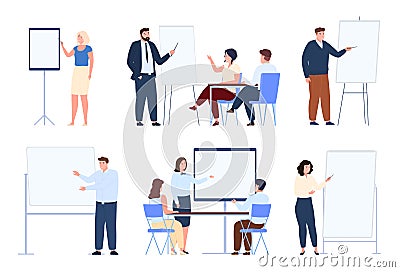 Business speakers set vector flat illustration. Successful man woman performing explaining report Vector Illustration