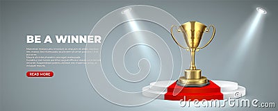 Business or sport award on Illuminated podium. Cup prize trophy on round stages with red carpet winner for victory Vector Illustration