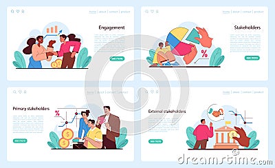 Business stakeholders set. Detailed depiction of engagement, stakeholder analysis. Vector Illustration