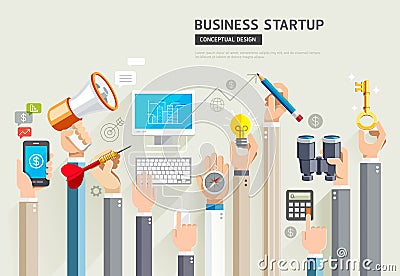 Business start up conceptual design. Set of business hands services. Vector Illustrations. Vector Illustration