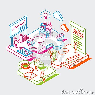 Business Start up 3d Isometric linear flat people Vector Illustration