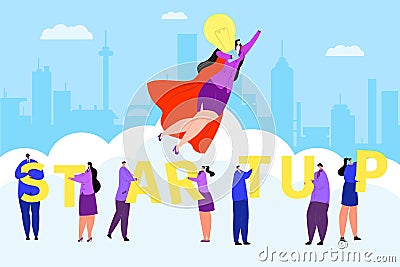 Business startup concept, man woman success work people vector illustration. Flat hero leader character with creative Vector Illustration