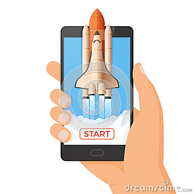 Business startup concept. Rocket or space shuttle launch. Vector Illustration