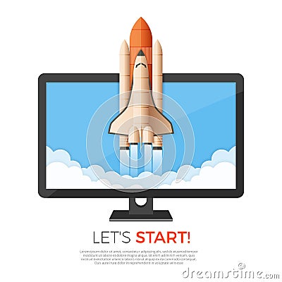 Business startup concept. Rocket or space shuttle launch. Vector Illustration