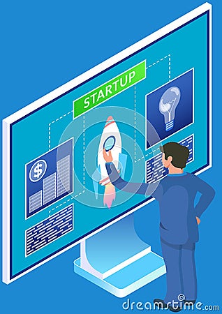 Business startup and entrepreneurship. Businessman planning idea of technology development Vector Illustration