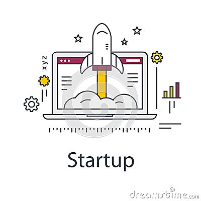 Business Startup illustration. Rocket and laptop. Line vector icon. Vector Illustration