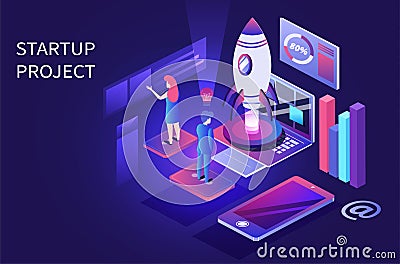 Business Startup landing page or banner design with 3D objects. It symbolizes growth and success. Vector isometric Vector Illustration