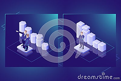 Business statistics and data analysis isometric vector icon, data visualization, teamwork leader, dark neon Vector Illustration