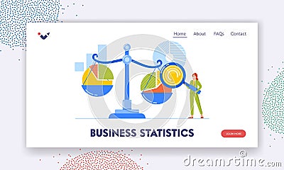 Business Statistics Landing Page Template. Tiny Character Analyzing Circular Chart on Huge Scales, Benchmarking Vector Illustration