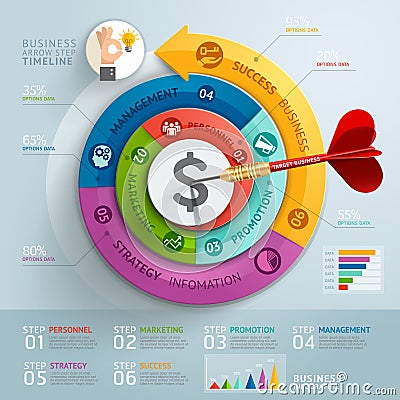 Business step arrow with dart infographics template. Vector Illustration