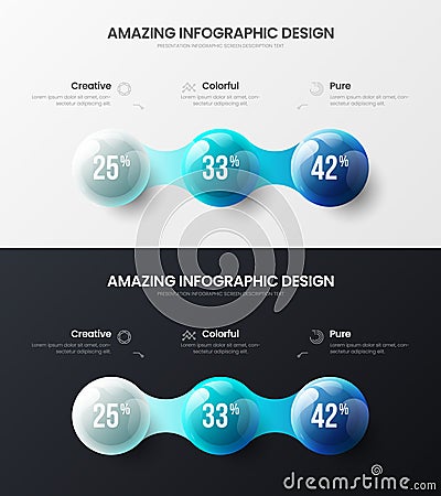 Business 3 step data visualization design layout. Amazing colorful 3D balls corporate statistics infographic set. Vector Illustration