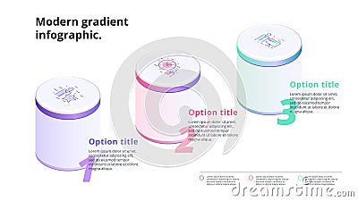 Business 3 step process chart infographics with 3d columns. Circle corporate graphic elements. Infograph presentation slide Vector Illustration