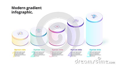 Business 5 step process chart infographics with 3d columns. Circle corporate graphic elements. Infograph presentation slide Vector Illustration