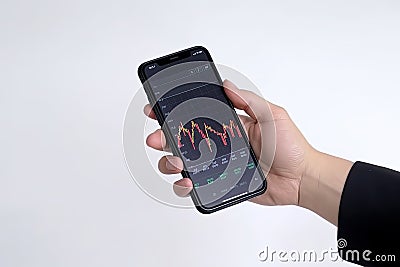 Business stock market report and financial dashboard on the phone screen. Generative AI Stock Photo