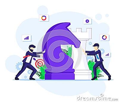 Business strategy concept with businessmen moving giant chess pieces. Strategic planning and tactics in business Vector Illustration