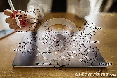 Business strategy concept with gears diagram. Idea innovation motivation. Stock Photo