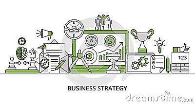 Business Strategy concept, greenery flat line design vector illustration Vector Illustration