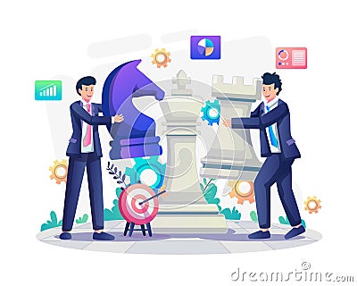 Business strategy concept with two businessmen holding chess pieces. entrepreneurship tactics and strategy Vector Illustration