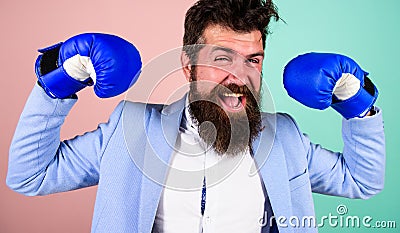 Business strategy. Fighting for business success. Businessman in formal suit ready to attack or defend. Strong and Stock Photo
