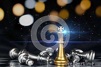 Business Strategy. golden king surrounded with silver chess pieces on chess board game competition with graphic network link Stock Photo